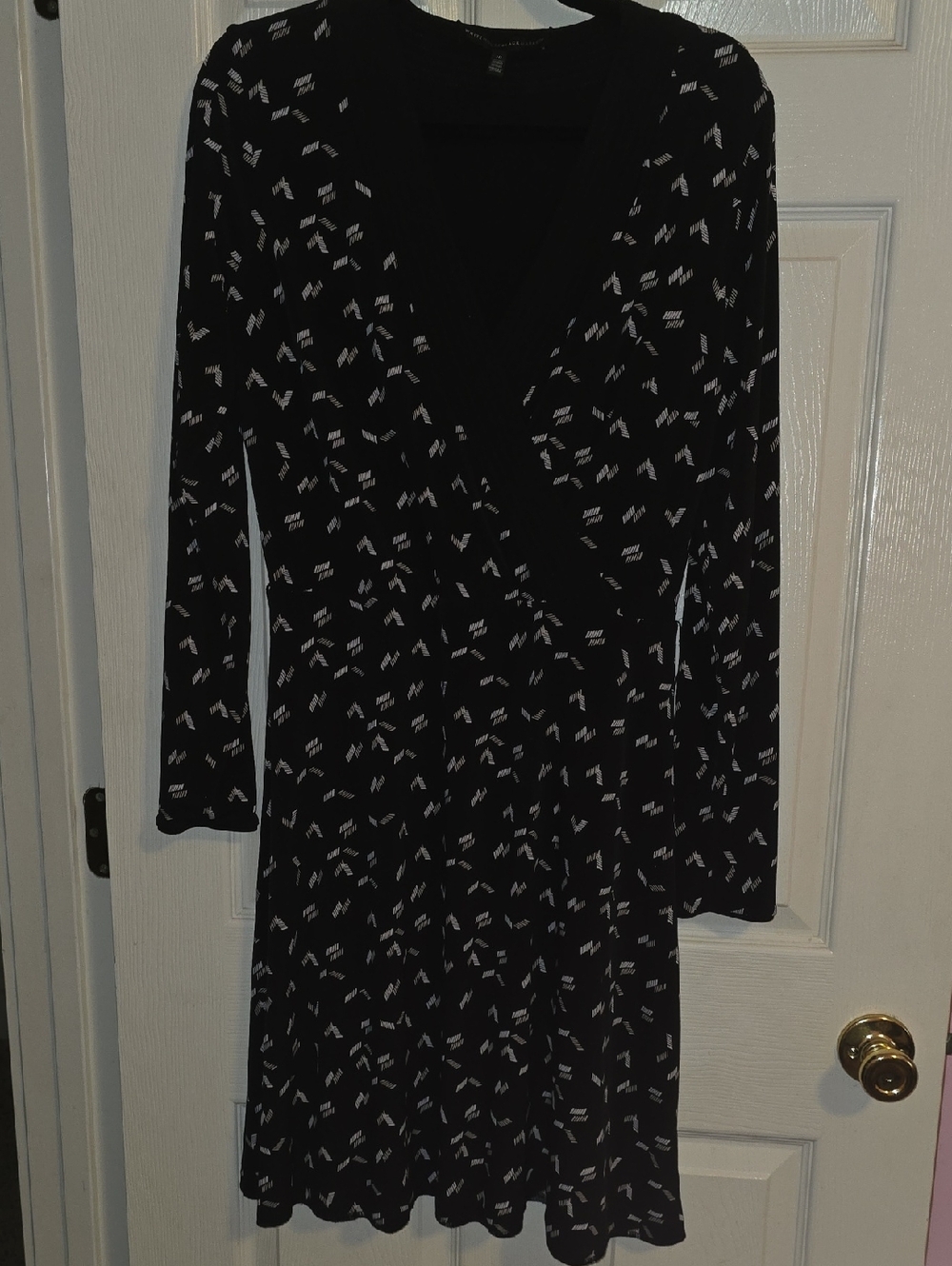 Black Long-Sleeve V-Neck Wrap Dress with White Micro Print